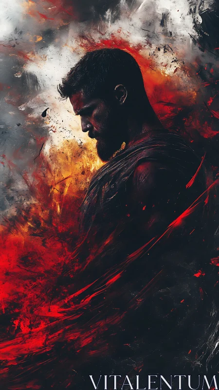 Profile of male warrior amid abstract fire and smoke.