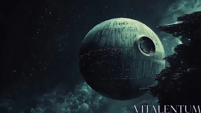 Cold moon-sized war machine drifts past jagged space citadel.