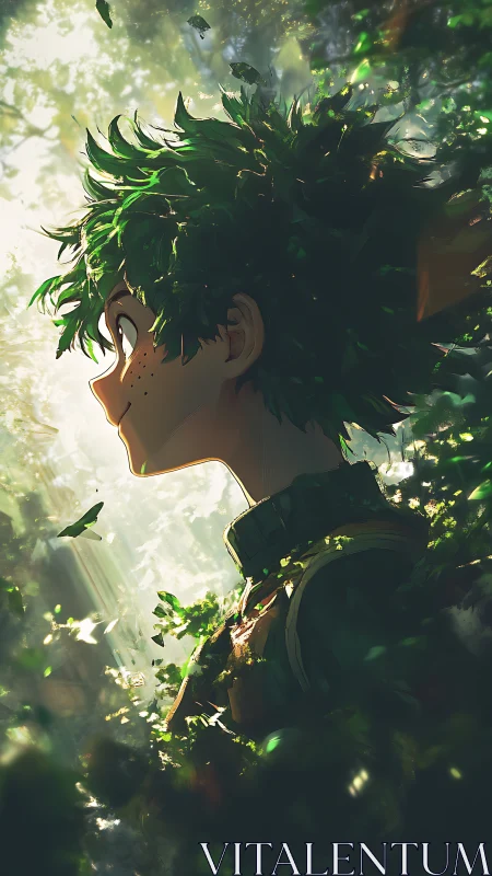 Profile portrait of green-haired youth in dense backlit foliage