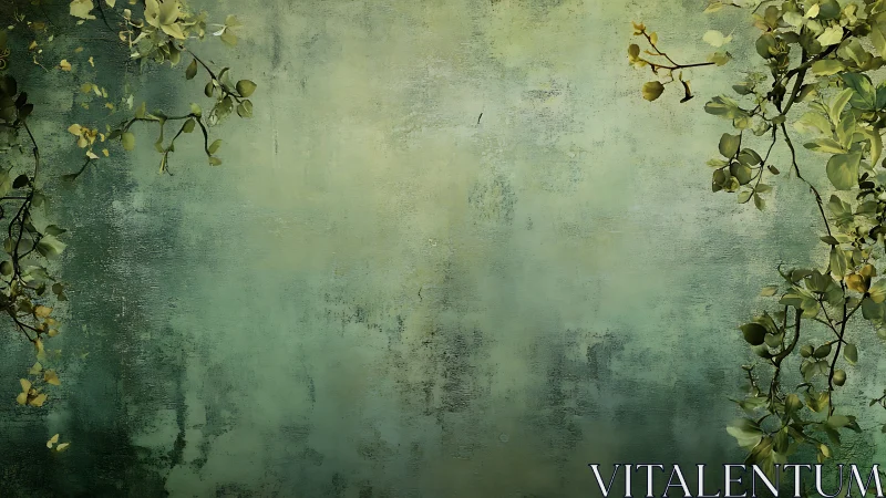 Weathered green wall frames trailing botanical vines softly