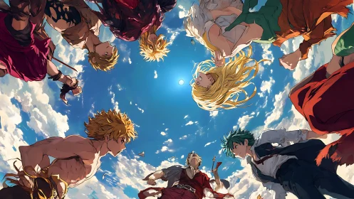 Heroes circle under vivid sky share a charged, hopeful vow