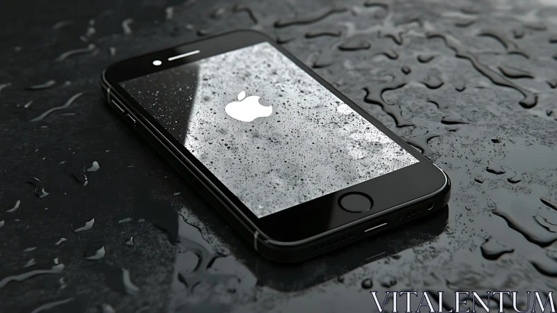 iPhone on Wet Surface Displays Apple Logo with Water Droplets