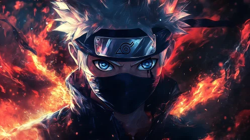 Masked ninja warrior framed by blazing elemental fire.