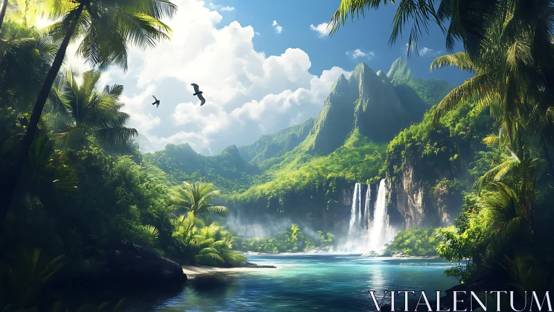 Tropical Paradise Waterfall with Mountain Valley Beauty.