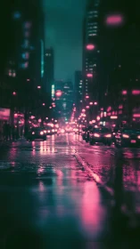 Rainy urban street with neon pink reflections at night.