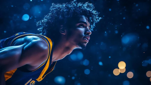 High-intensity arena portrait of focused basketball athlete.