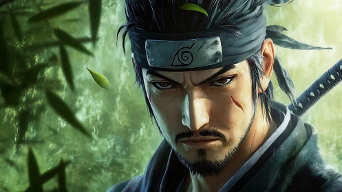 Leaf-scarred shinobi broods in emerald bamboo hush.