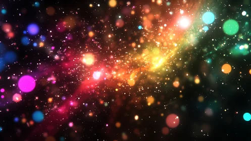 Vibrant cosmic nebula glows with multicolored bokeh lights