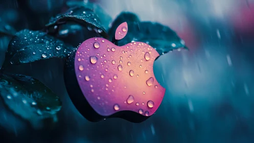 Neon apple logo glows under rain on deep teal leaves.