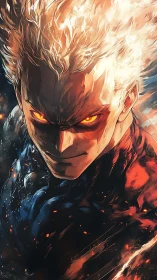 Fiery-eyed antihero rendered with dynamic lighting and molten textures