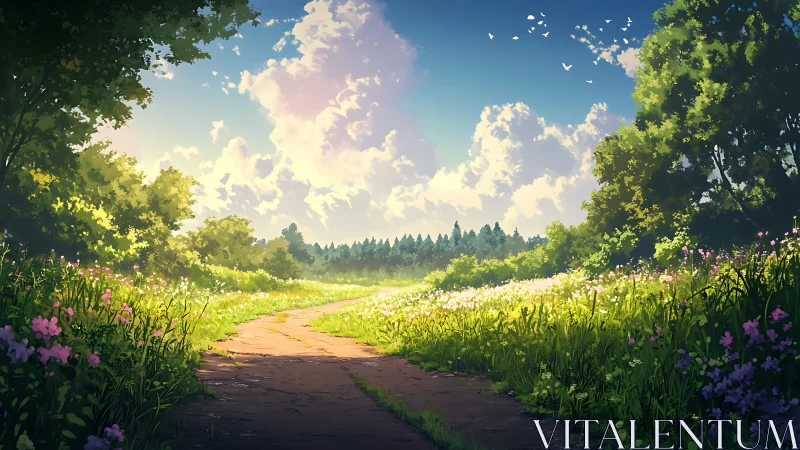 Sunlit country path through wildflower meadow under clouds.