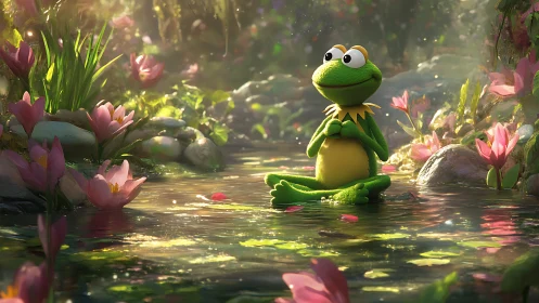 Dreamy frog contemplates in glittering fairy-tale pond garden.