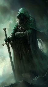 Mysterious hooded guardian standing watch with ancient blade.