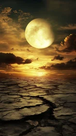 Golden moonrise over cracked earth in a quiet dreamscape.