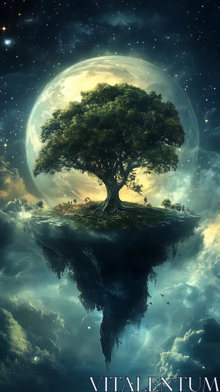 Floating island tree against glowing moon in starry sky.