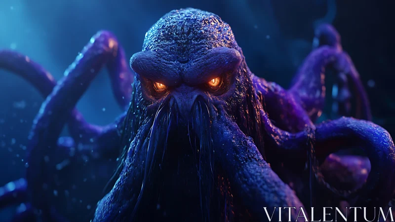 Glowing-eyed sea creature rises from deep ocean shadows