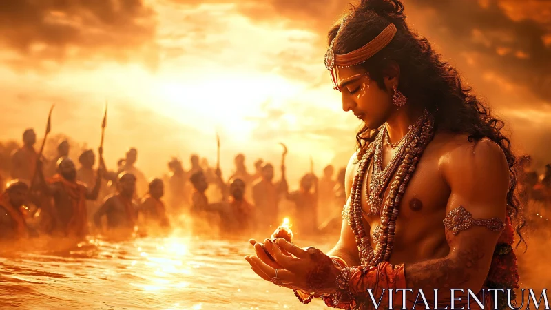 Sunlit river prayer with a serene warrior in stillness.