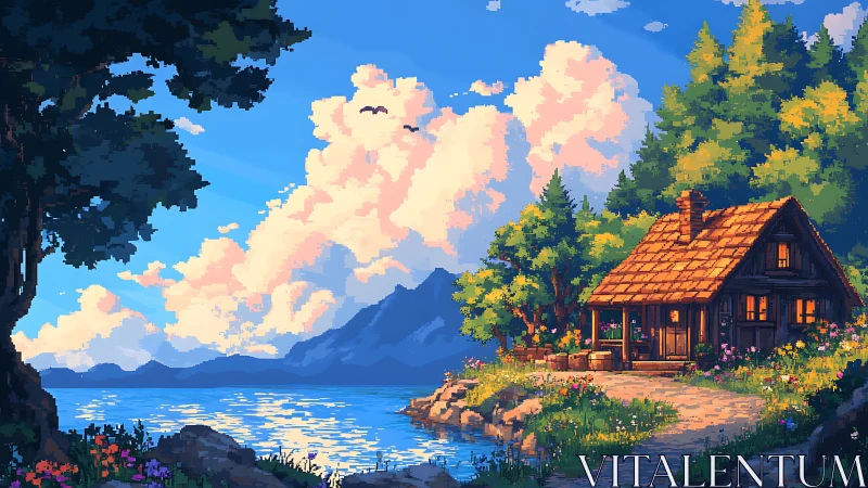 Lakeside pixel cottage glows beneath towering sunset clouds.