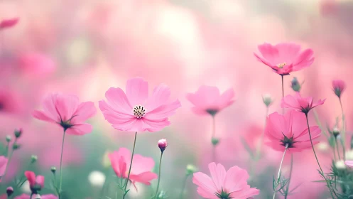Pink cosmos flowers bloom in soft focus garden landscape