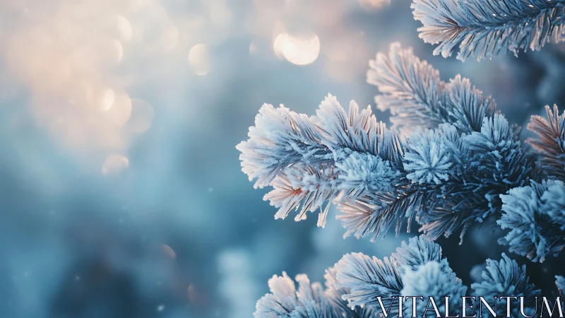 Frost covered evergreen needles in soft winter light.