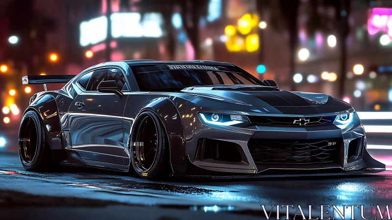 Widebody Camaro street racer in neon lit wet urban nightscape