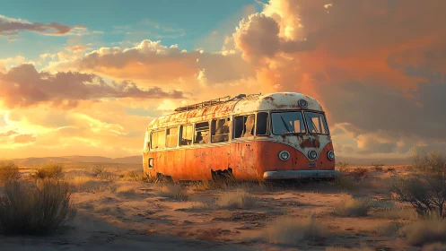 Sunburned desert bus naps beneath a flame-laced evening sky