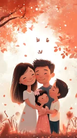 Happy family embracing with autumn leaves and butterflies.