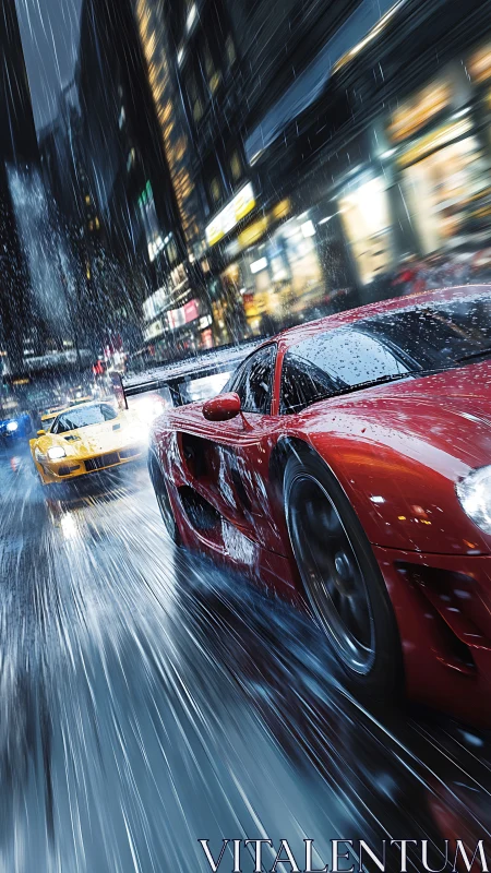 Two sports cars move through wet city streets at night