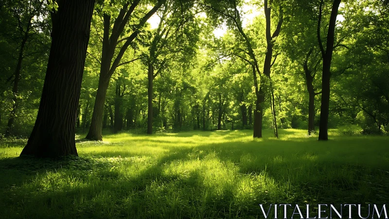 Sunlit Forest Grove with Mature Trees and Grass Clearing