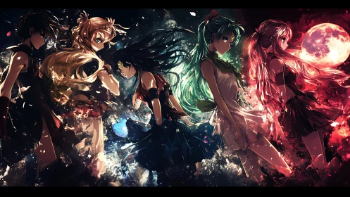Five celestial anime heroines rendered in dynamic cosmic backlight