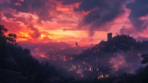 Medieval Castle City at Sunset with Atmospheric Haze
