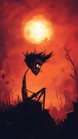 Silhouetted figure under large sun in red abstract sky.