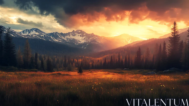 Sunlit alpine meadow below snow peaks at dramatic sunset.