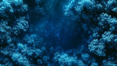 Blue fractal clouds form glowing tunnel in deep space.