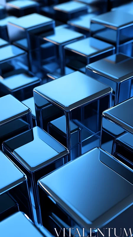 Chrome blue cubes form reflective geometric landscape.