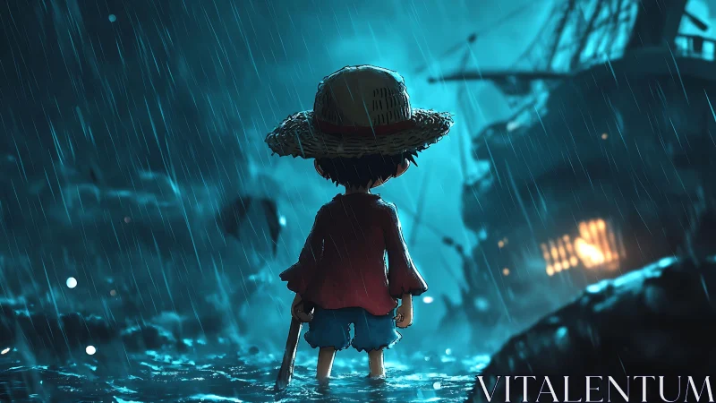 Child in straw hat stands in shallow water during storm