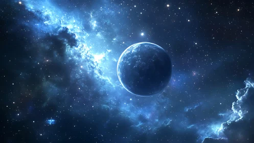 Rendered exoplanet is centered within a dense star field