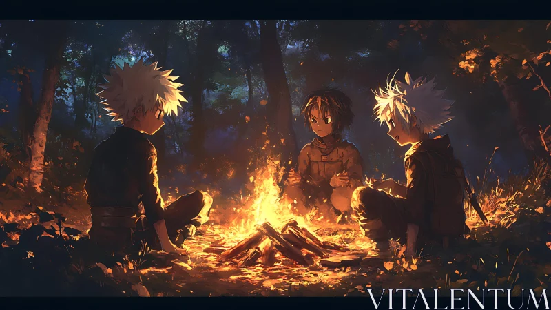 Three emberlit friends trade secrets with the forest night