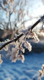 Frosted winter twig catches sunrise glow in crisp focus.