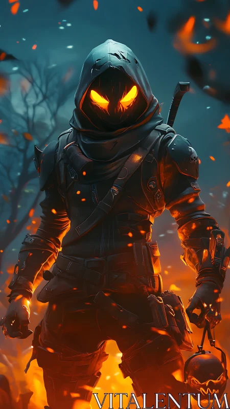 Hooded armored figure stands amid embers in a burning scene