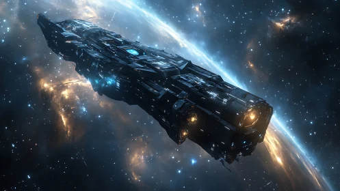 Massive starship glides above glowing nebula horizon