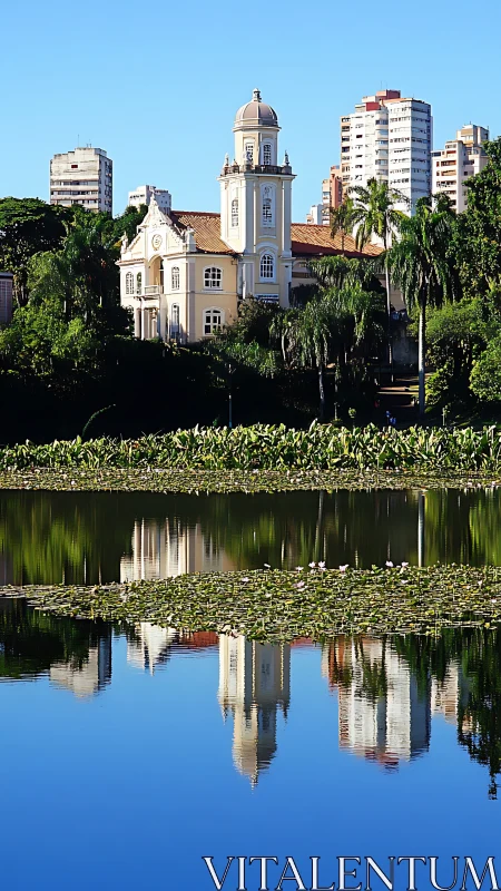 Historic lakeside building and city skyline reflection.