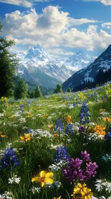 Sunlit alpine meadow opening toward peaceful snowy peaks.