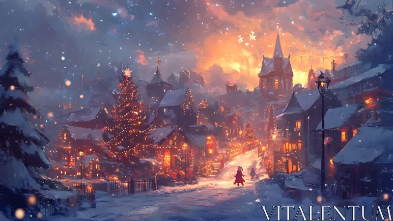 Snowlit Christmas lane aglow with ember-orange wonder.