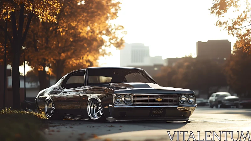 Chrome lowrider prowls sunlit streets in autumn haze.