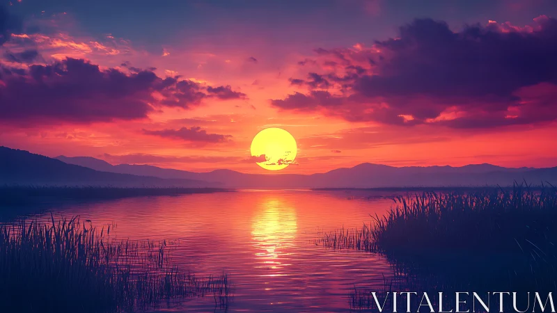 Radiant magenta sunset over tranquil lake and reeds.