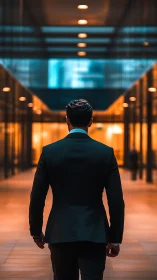 Businessman standing in illuminated modern corridor viewing ahead.
