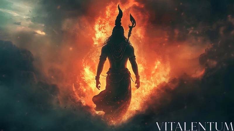 Silhouetted trident-bearing figure before circular fire portal.