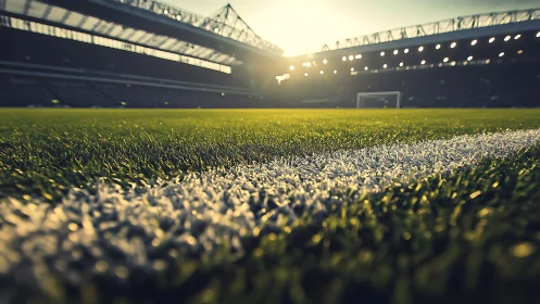 Sunlit touchline drama on a glowing football cathedral field.