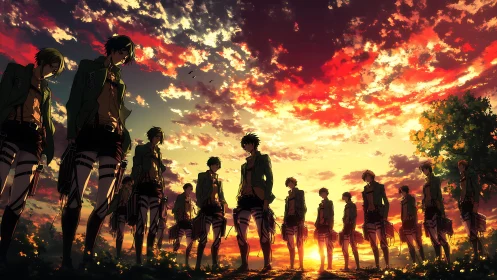 Sunset silhouettes line determined anime soldiers across field